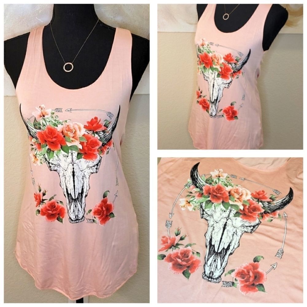 Bull Skull with Infinity Arrows & Floral Detail Tank Top Pink